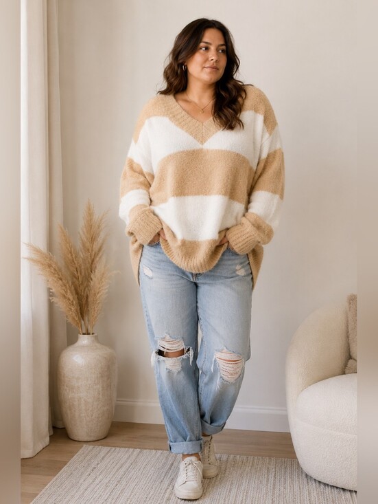 aerie Sweaters - Aerie Oversized Boucle Striped V-neck Sweater Neutral Coastal Women's XL NWT